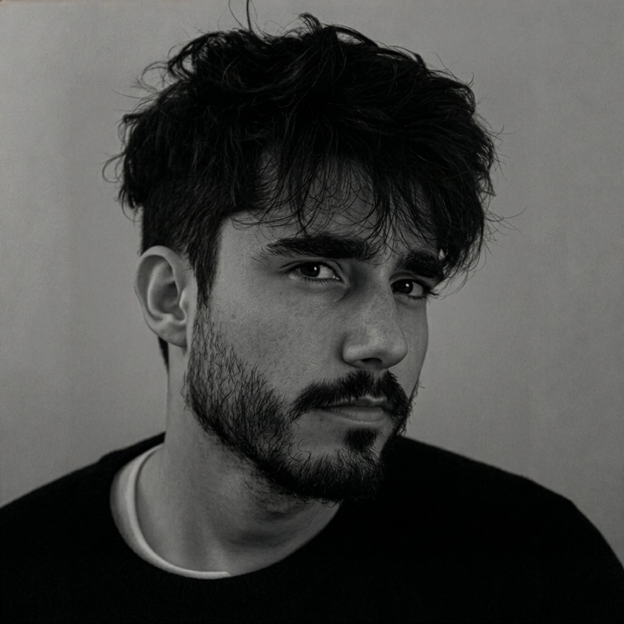 Una persona con capelli ricci neri, a metà visibile, che sorride leggermente. È vestita con una maglietta nera e ha uno sfondo grigio chiaro.