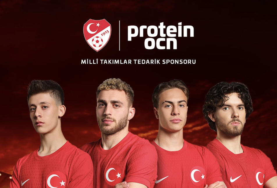 Four male athletes in red jerseys with Turkish flags stand side by side against a dark sky background, with the Turkish team logo and 'protein ocn' branding at the top.