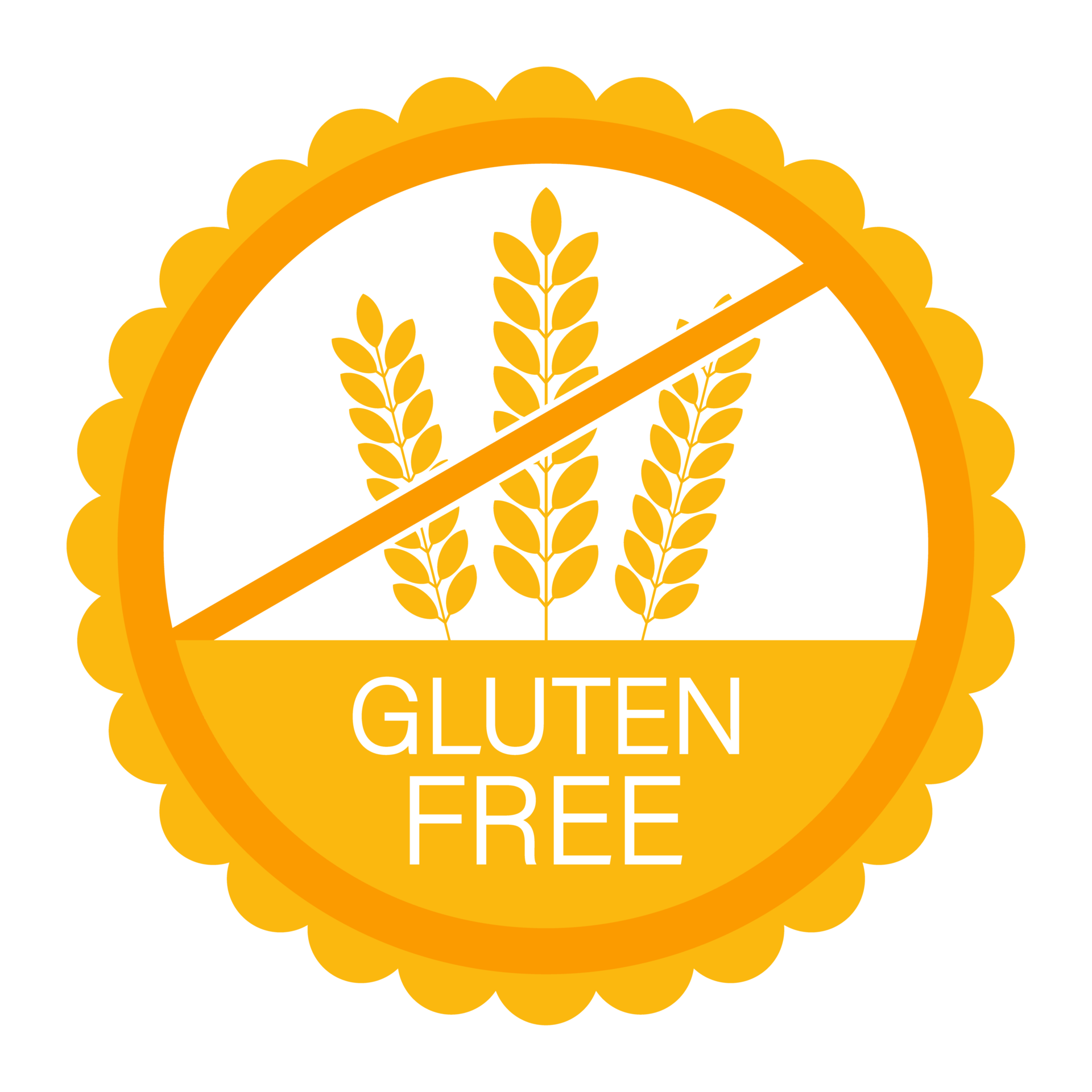 Yellow badge with wheat graphic and text indicating gluten free
