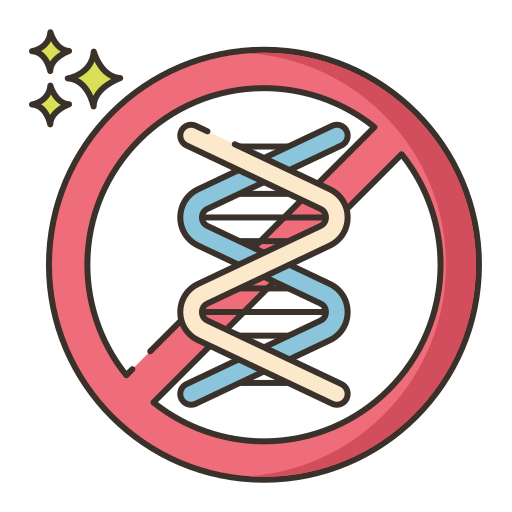 A DNA double helix with a red prohibition symbol indicating no DNA or genetic modification.