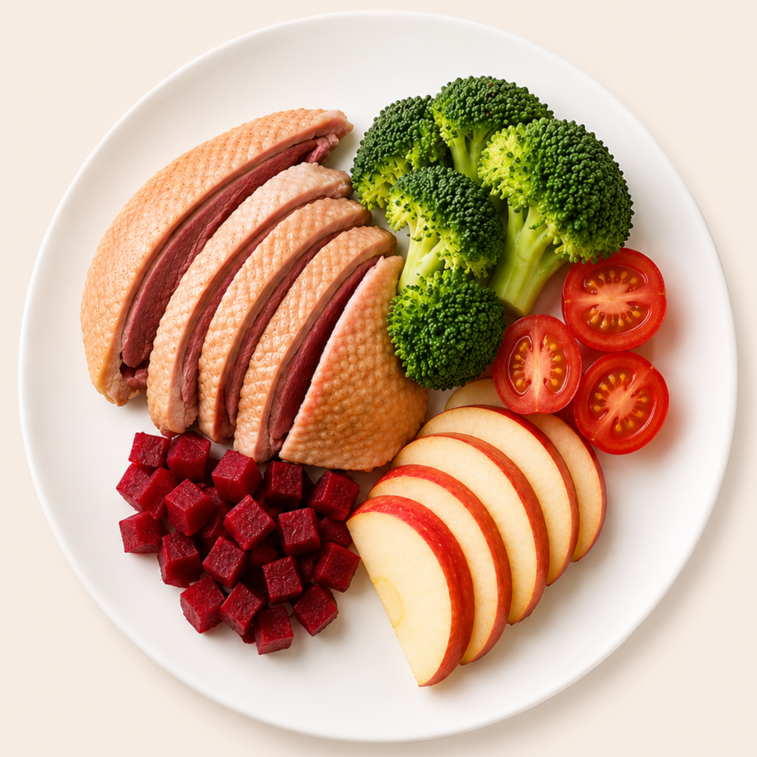 A white plate with sliced duck breast, broccoli florets, cherry tomatoes, apple slices, and diced beets.
