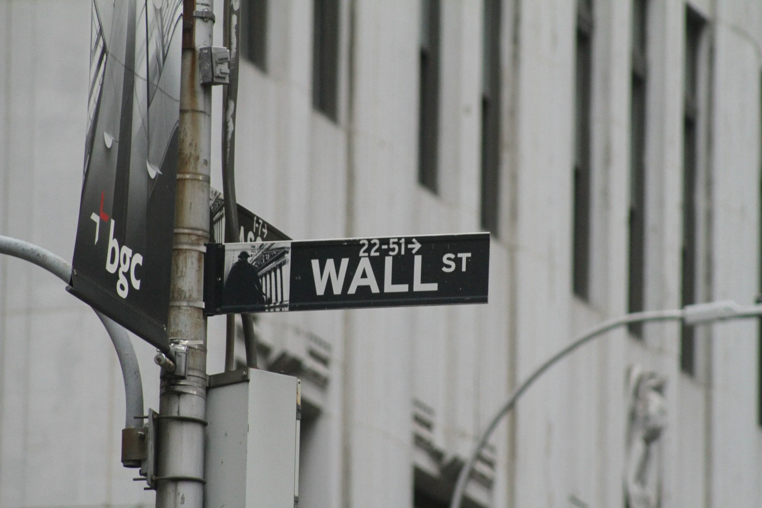 Straßenschilder an einer Masten, die auf die Wall Street in New York City hinweisen.