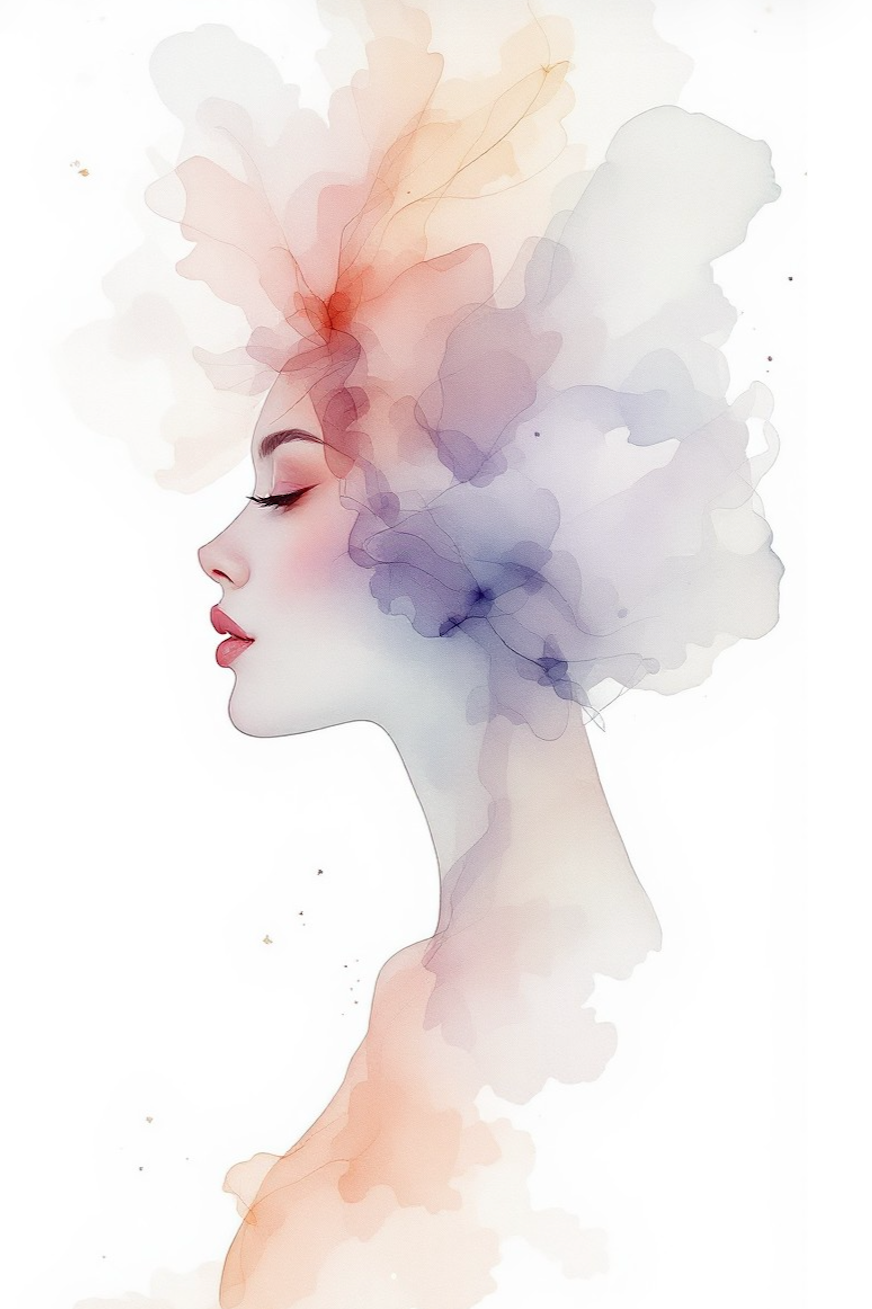 A digital artwork of a woman's profile with closed eyes, with her hair depicted as colorful, watercolor-like abstract splashes in shades of red, purple, orange, and gray.