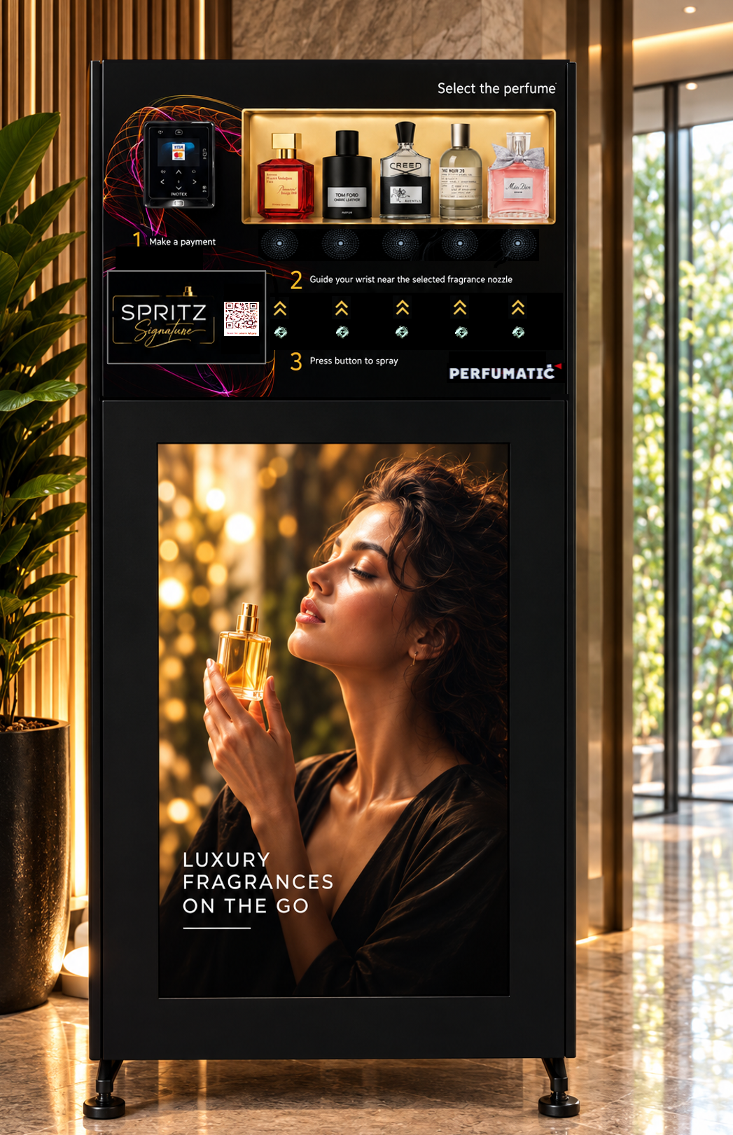 A vending machine for luxury fragrances with a digital screen showing a woman holding a perfume bottle, a section with perfume options, and instructions to guide users through purchasing fragrances.