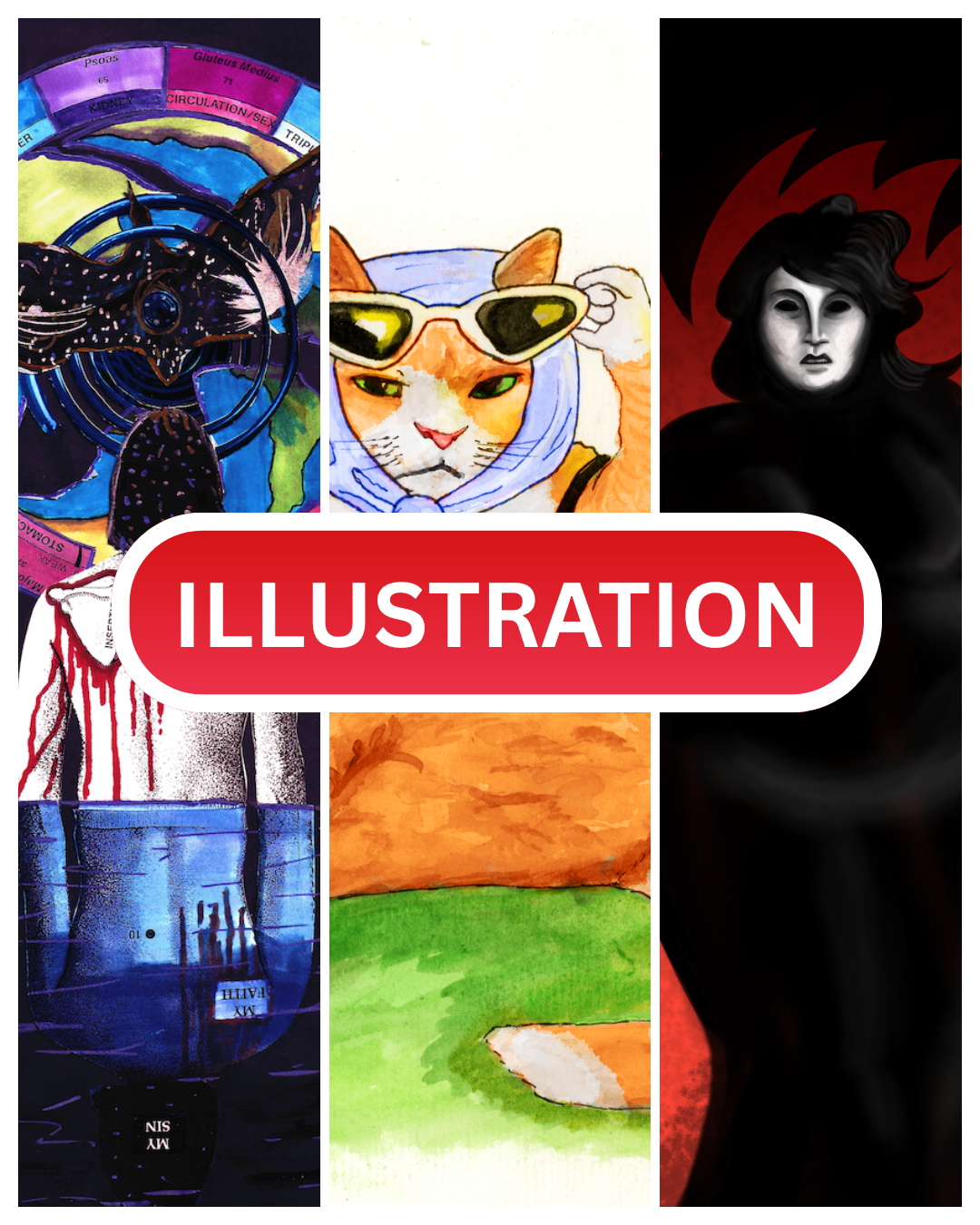 A collage of five different artworks featuring aquatic, animal, portrait, still life, and fantasy themes, with a red label reading 'ILLUSTRATION' across the center.