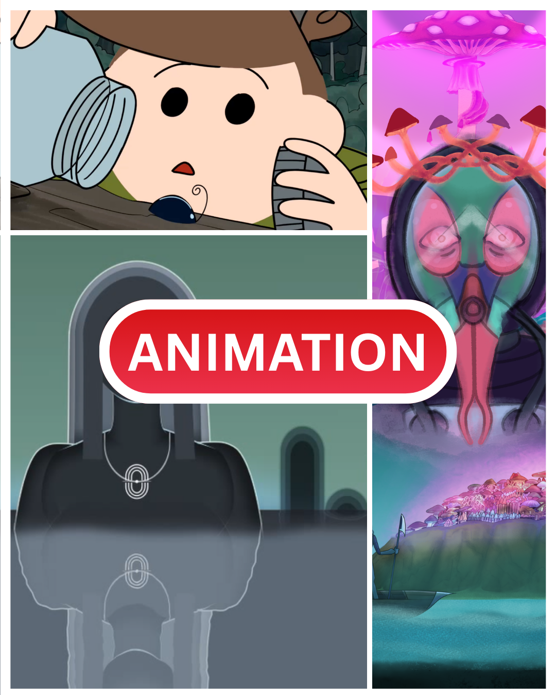 A collage of animated scenes including a surprised cartoon child with brown hair and black eyes, a colorful abstract alien face with multiple eyes and tentacles, a silhouette of a person in shadow with headphones, and a fantasy landscape with glowing
