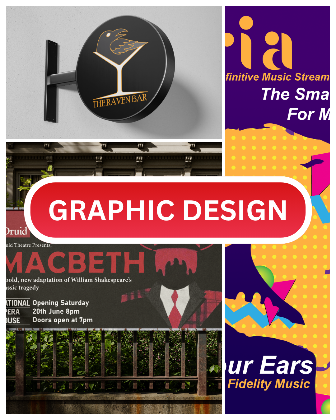 Collage of signs and posters, including a circular sign for The Raven Bar with a bird logo, a colorful graphic design poster with abstract shapes, a promotional poster for a Macbeth play presented by Liquid Theatre featuring a silhouette of Macbeth w