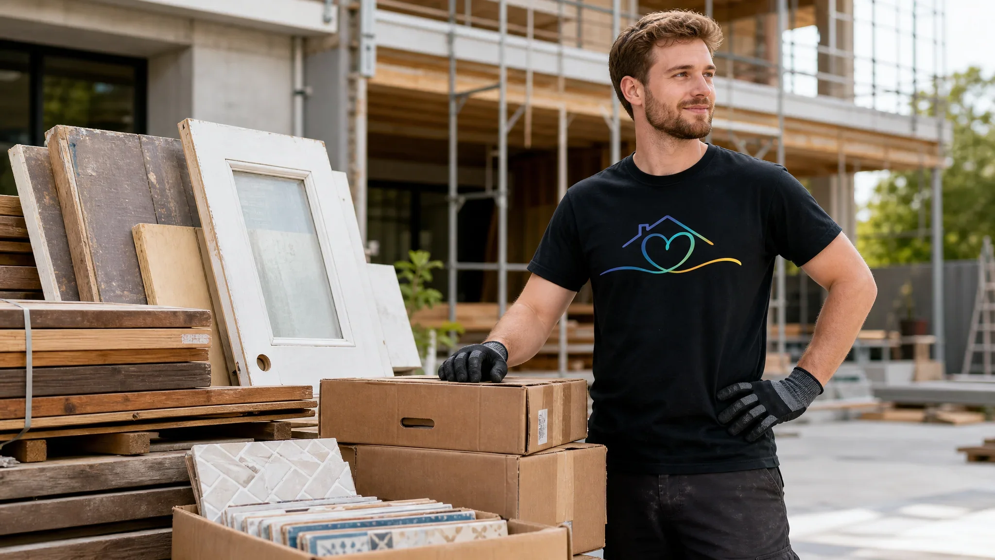 A man in a black T-shirt with a house and heart logo, wearing gloves, stands next to stacks of building materials and tiles at a construction site.
