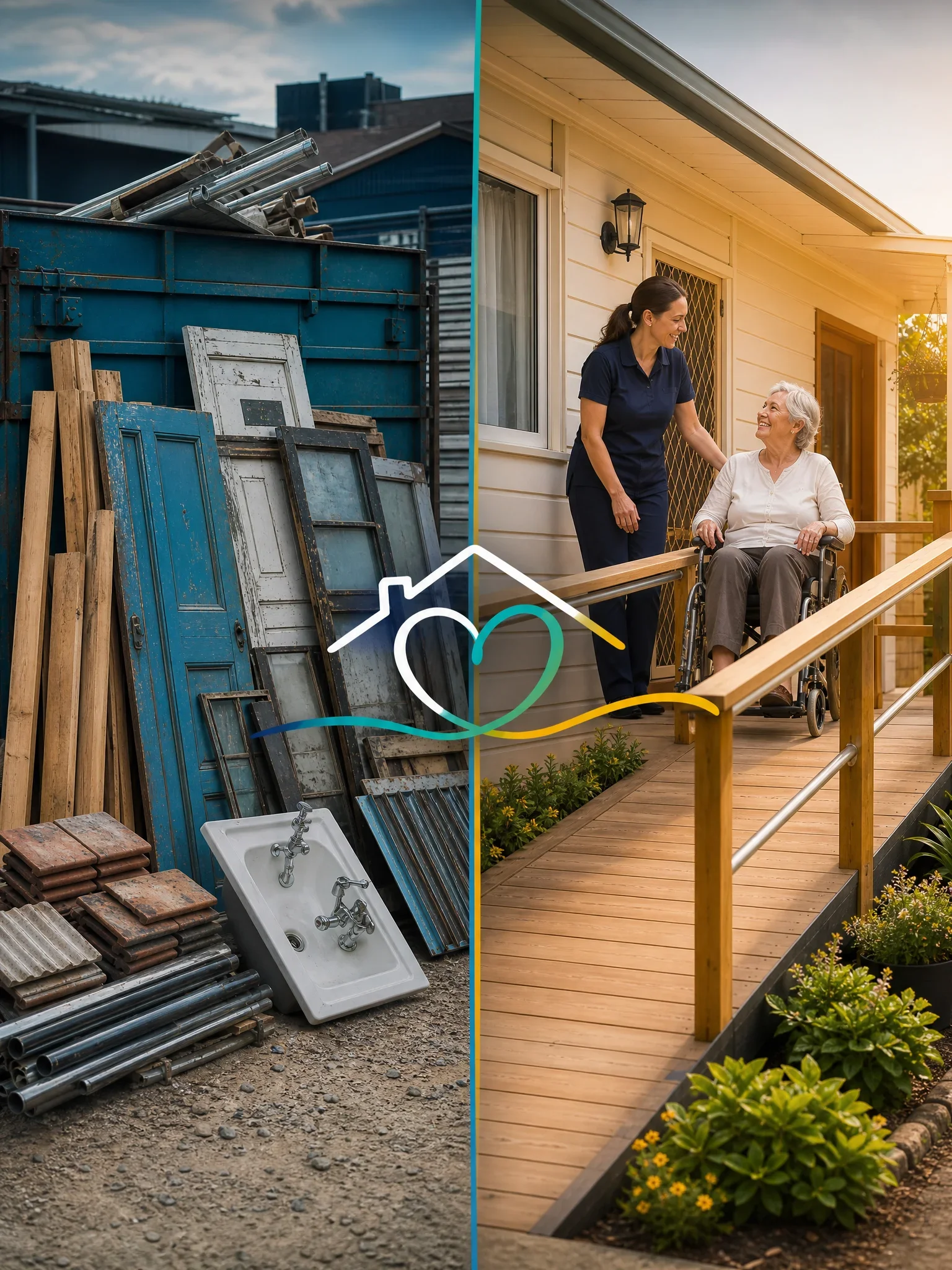 Left side shows a pile of construction materials, including metal pipes, wooden planks, window frames, a sink, and tiles. Right side shows a smiling woman in a wheelchair talking to a caregiver on a porch with a wooden deck and green plants.