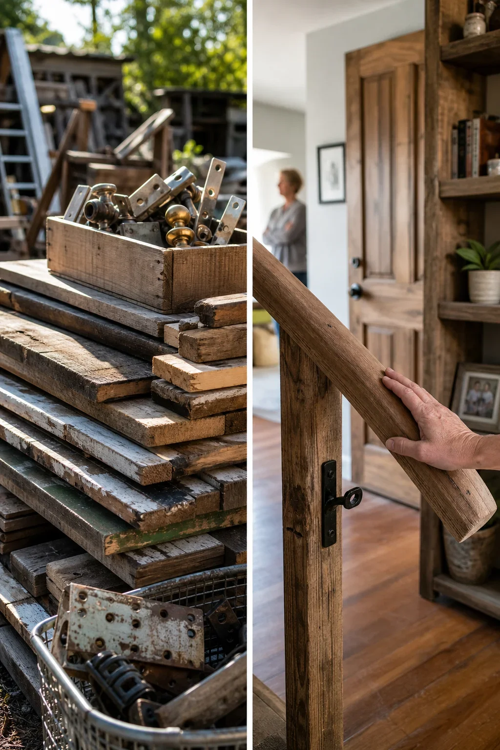 A split image showing a collection of old metal hardware, wooden planks, and tools on the left, and a hand holding a wooden railing inside a home on the right.
