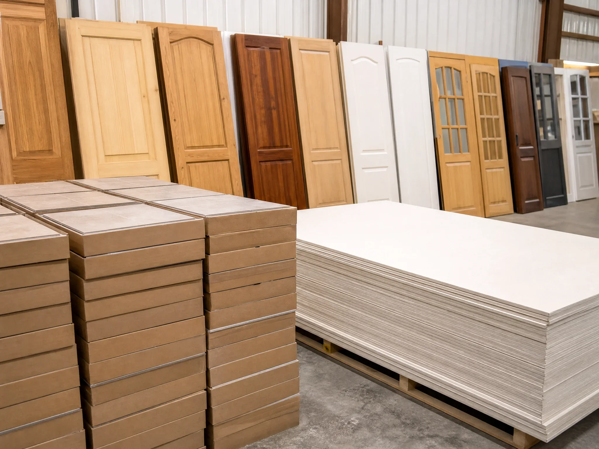 Display of various wooden cabinet doors and large stacks of wood sheets in a warehouse.