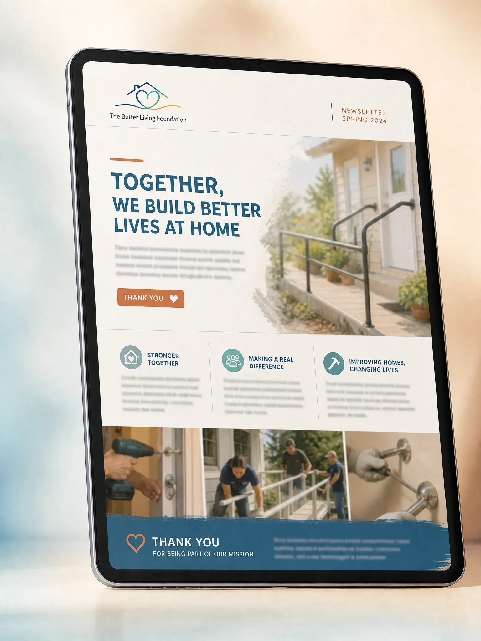 Newsletter from The Better Living Foundation for Spring 2024, featuring a headline about building better lives at home and an image of people working on home repairs and improvements.