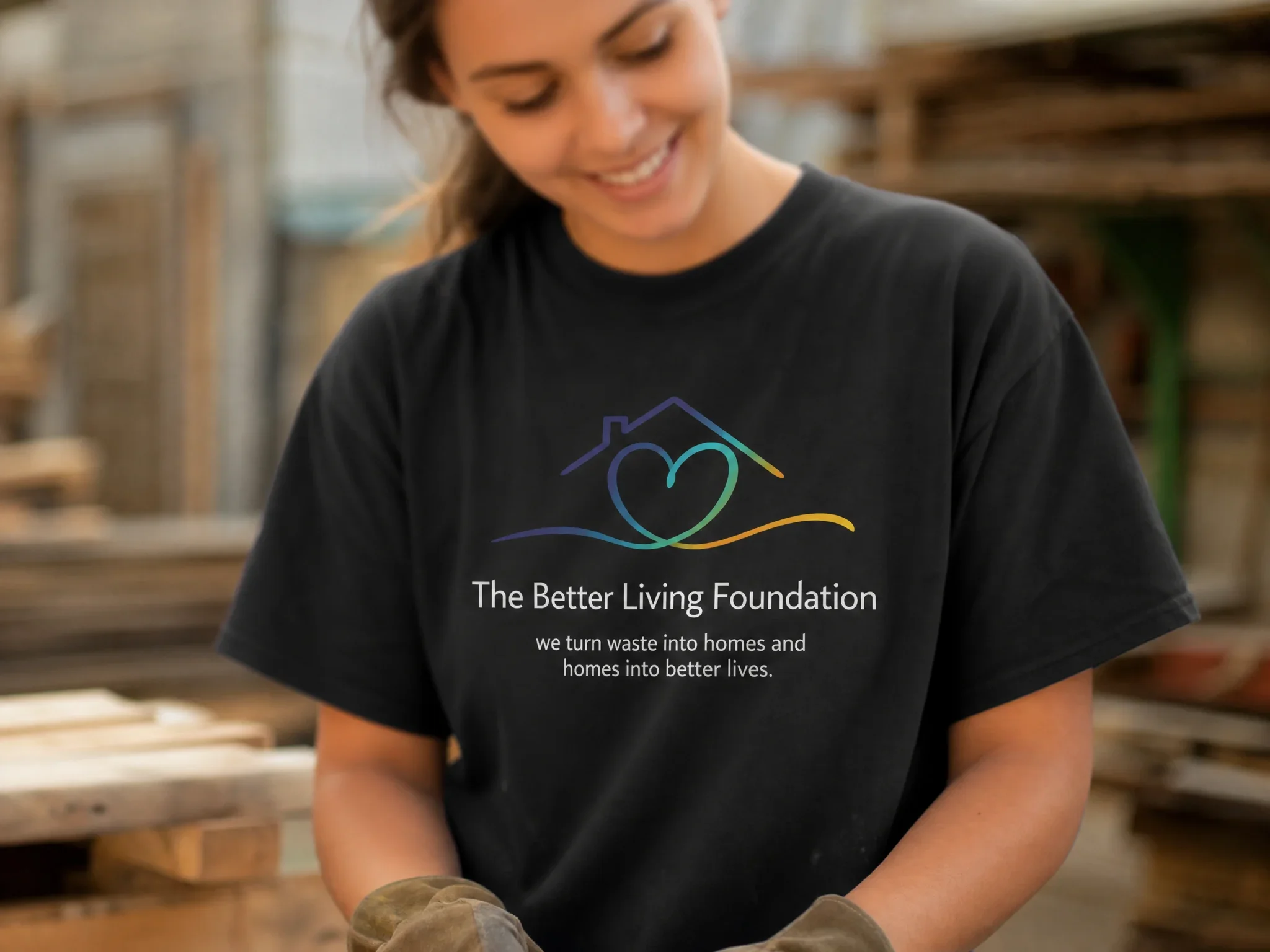 A smiling woman working with clay in a workshop. She is wearing a black t-shirt with a colorful logo and text that reads 'The Better Living Foundation'. The background shows shelves with wooden planks.