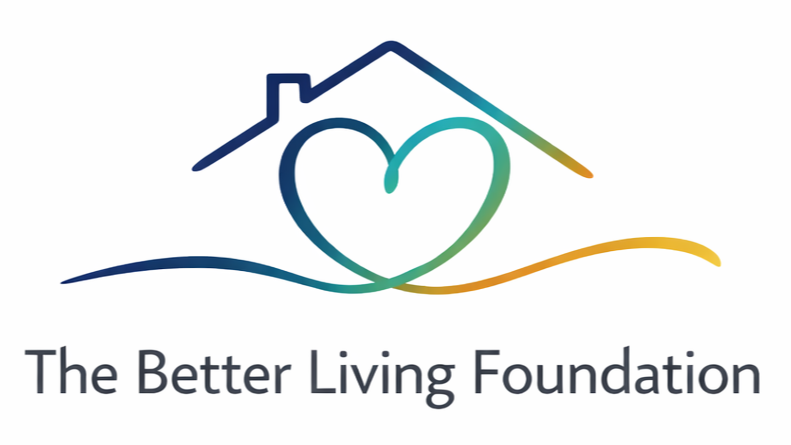 Logo for The Better Living Foundation featuring a stylized house with a heart integrated into the design and the foundation's name below.
