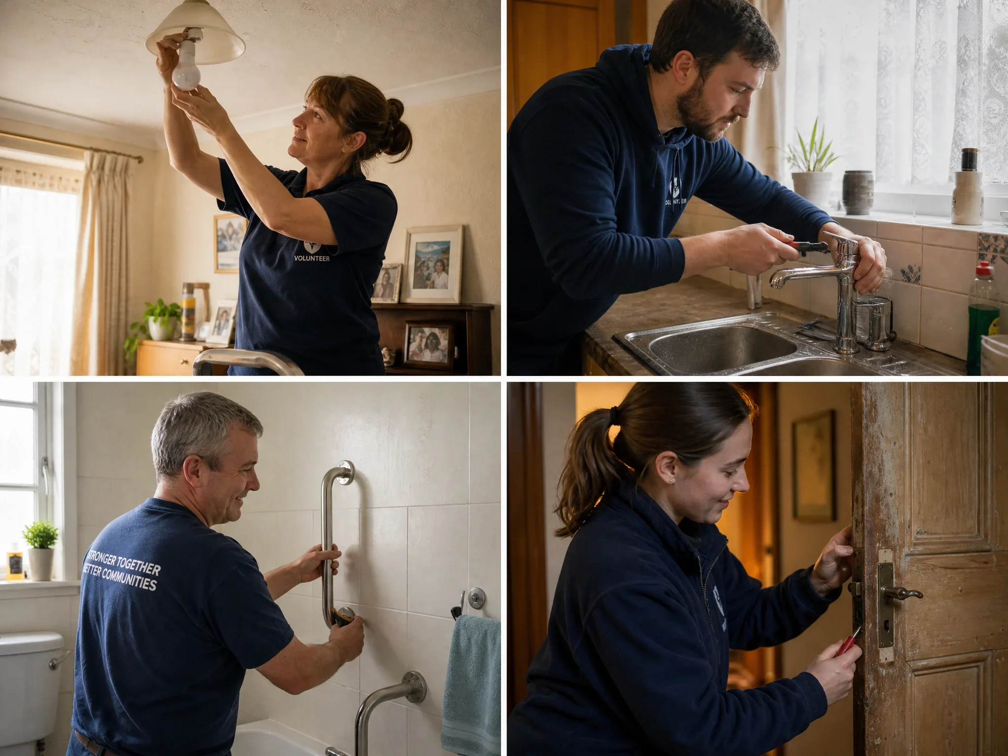 Four images show volunteers working inside homes. The first woman is changing a light bulb on the ceiling. The second man is fixing a kitchen faucet. The third man is installing a showerhead. The fourth woman is unlocking a door, all engaged in home improvement projects.