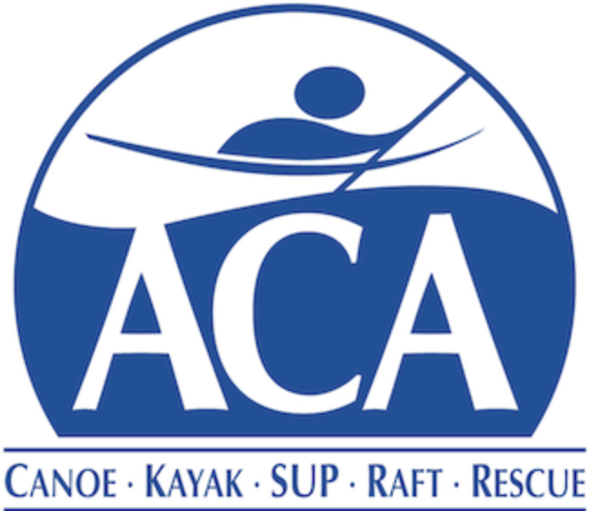 Logo for ACA, featuring a stylized person in a kayak or canoe, with the text 'Canoe, Kayak, SUP, Raft, Rescue' below.