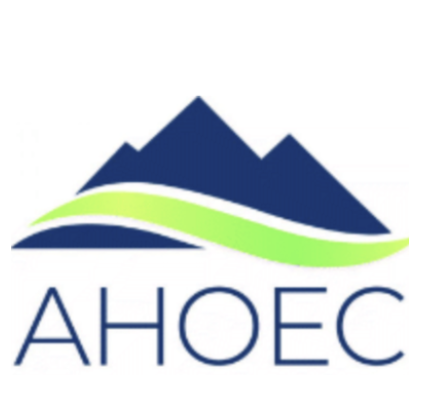 Logo with a stylized mountain and green hills, with the text 'AHOEC' beneath.