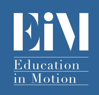 The logo of 'Education in Motion' featuring stylized initials 'EiM' in white on a blue background, with the full name 'Education in Motion' written below.