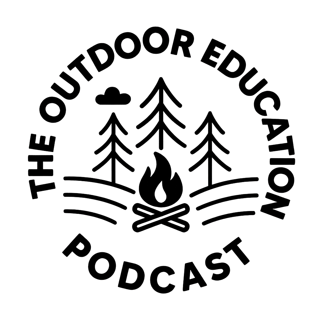 Logo for The OutDoor Education Podcast featuring a circle with stylized trees, a campfire with logs, and waves, with the podcast name surrounding the circle.
