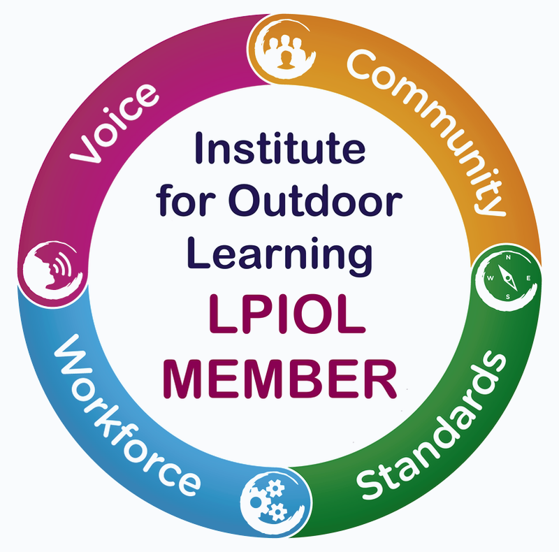 Circular logo for the Institute for Outdoor Learning, indicating LPOL member status. The circle is divided into five colored segments labeled Voice, Community, Standards, Workforce, and Voice. Each segment has an icon related to the label.