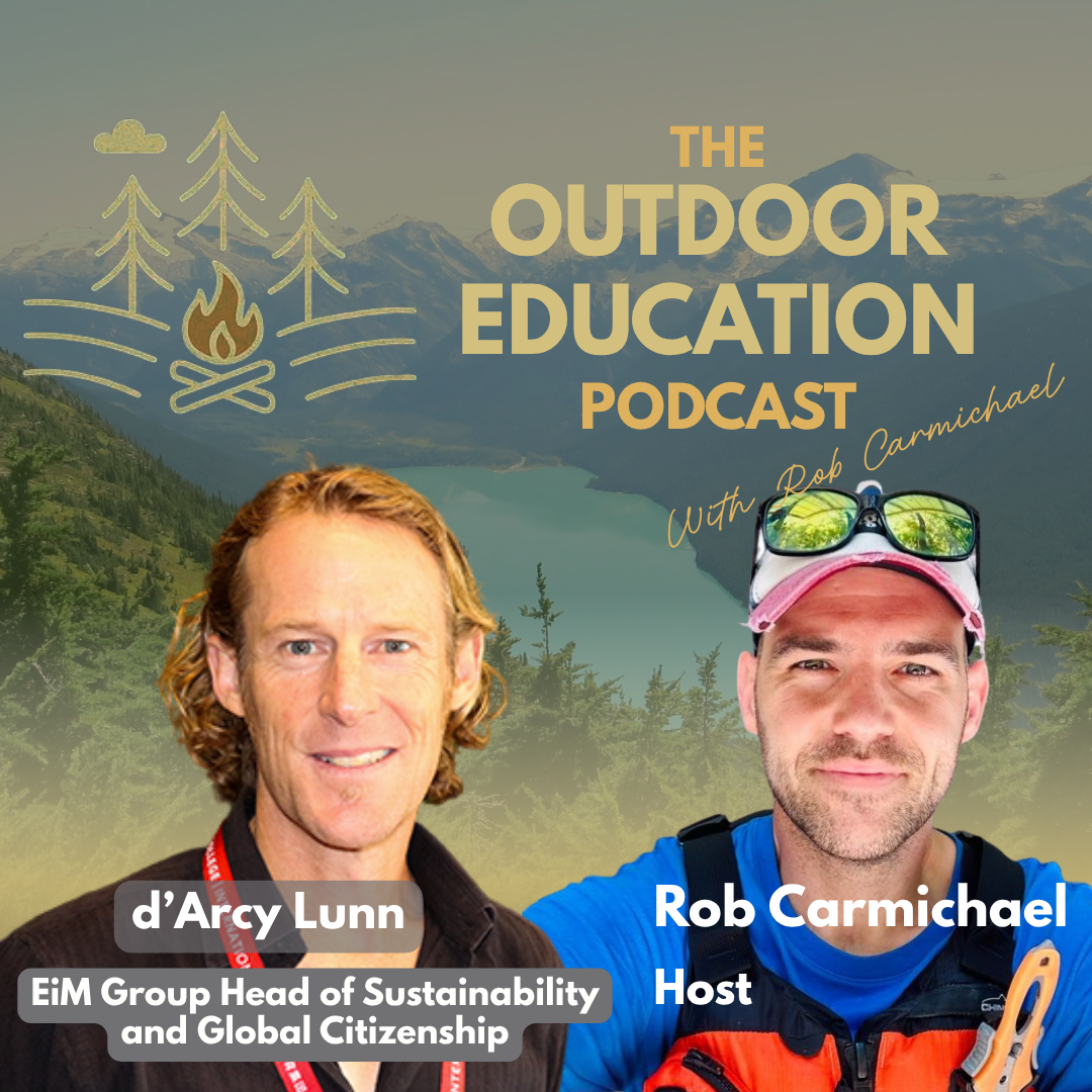 Promotional graphic for The Outdoor Education Podcast featuring d’Arcy Lunn and Rob Carmichael with mountain and lake background, trees, and a campfire icon.