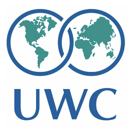 Illustration of two world maps connected by a partial oval, with the letters 'UWC' below.