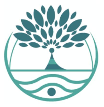 Stylized tree with leaves above a body of water with waves, enclosed in a circle.