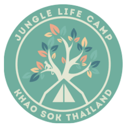 Circular logo for Jungle Life Camp in Khao Sok, Thailand, featuring a tree with colorful leaves and a tent underneath, surrounded by the camp's name.