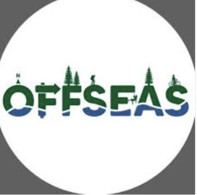The word 'OFFSEAS' with the letters stylized with outdoor and nature themes, including trees, a person, and a cyclist, on a circular logo with a white background.