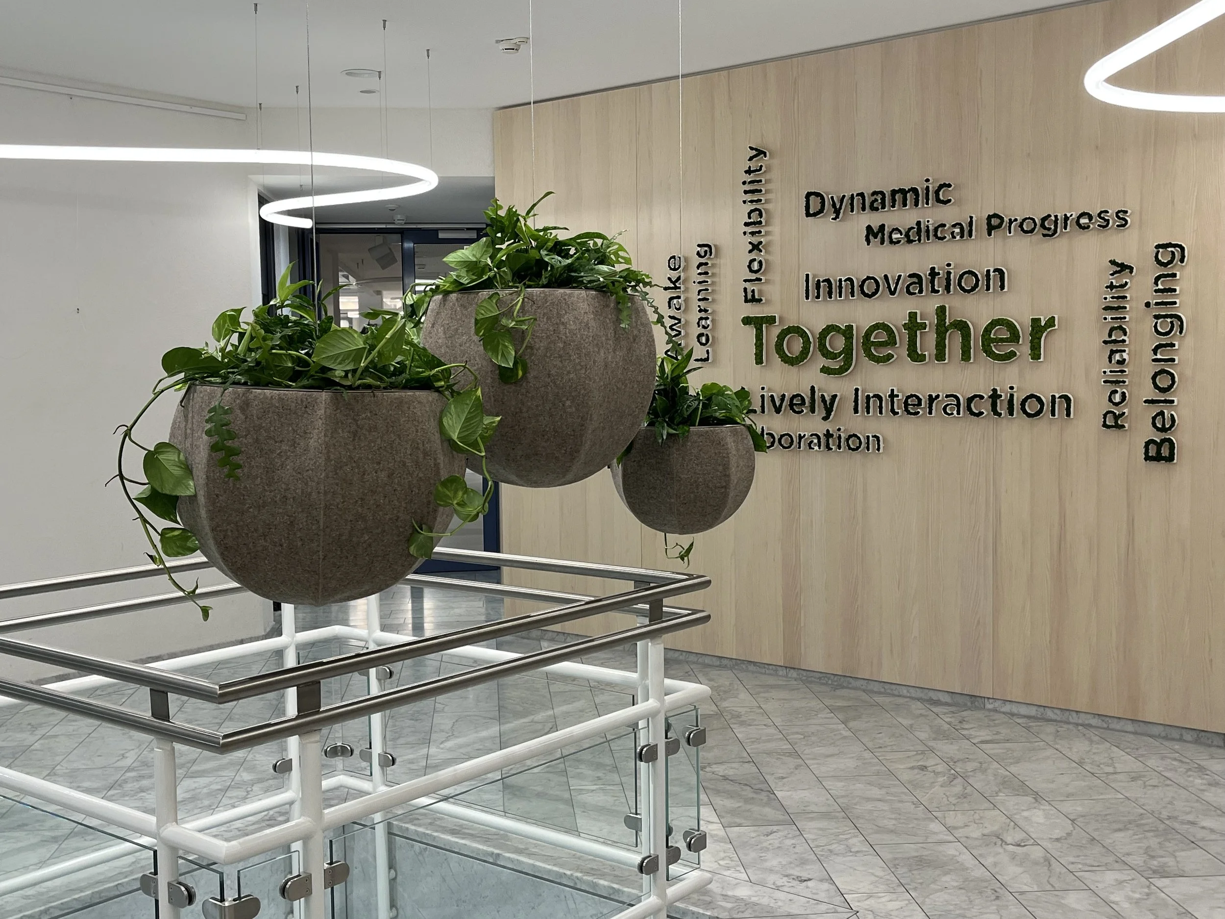 Ein modern gestalteter Lobbybereich mit einer Wand, auf der Wörter wie „Together“, „Innovation“ und „Medical Progress“ in 3D-Schrift angebracht sind. Im Vordergrund befinden sich zwei große Blumenkübel mit grünen Pflanzen, und im Hintergrund sind Tei