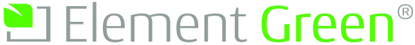 Das Logo von Element Green mit einem grünen Quadrat und schwarzem sowie grünem Text.