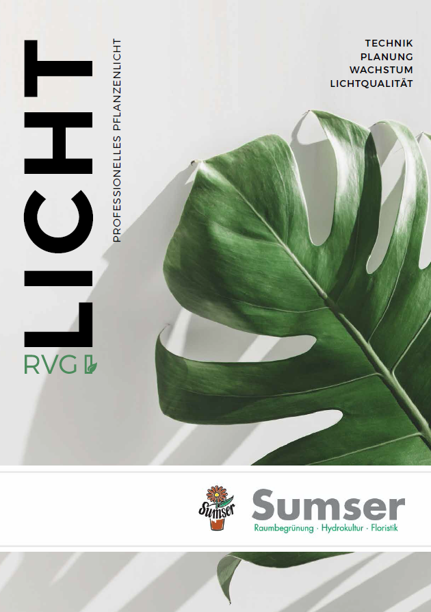 Ein Plakat für Licht im Beruf H. mit einem großen grünen Monstera-Blatt und Text über professionelles Pflanzenlicht, Technik, Planung, Wachstum, Lichtqualität, sowie das Logo der Firma Sumser