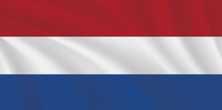 Image of the flag of the Netherlands with red, white, and blue horizontal stripes.