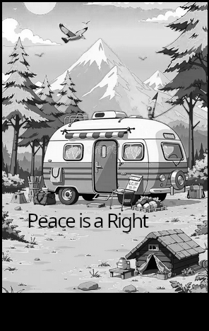 A vintage camper parked in a forest with mountains and trees in the background, surrounded by camping equipment and a small doghouse. Birds fly in the sky. The text reads, 'Peace is a Right'.