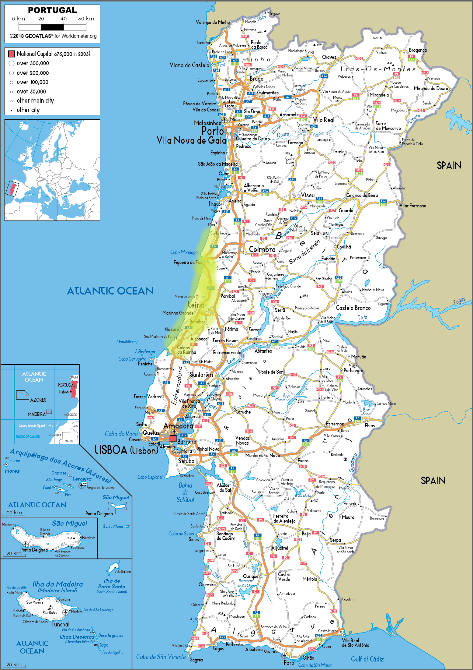 Map of Portugal with major cities, roads, and geographical features. The map indicates the capital Lisbon, surrounding regions, and neighboring countries Spain and the Atlantic Ocean.