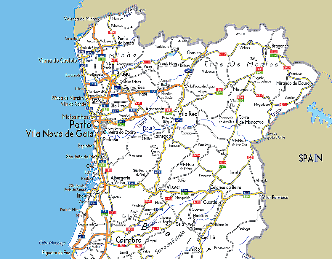Map of northern Portugal and western Spain showing cities, highways, and geographic features.