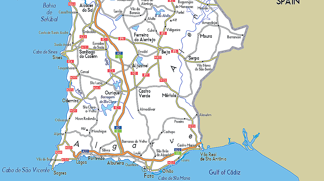 Map of southern Portugal highlighting Faro, Albufeira, Lagos, and the surrounding area, with roads, towns, and geographic features labeled, including the Atlantic Ocean to the west and the Gulf of Cádiz to the south.