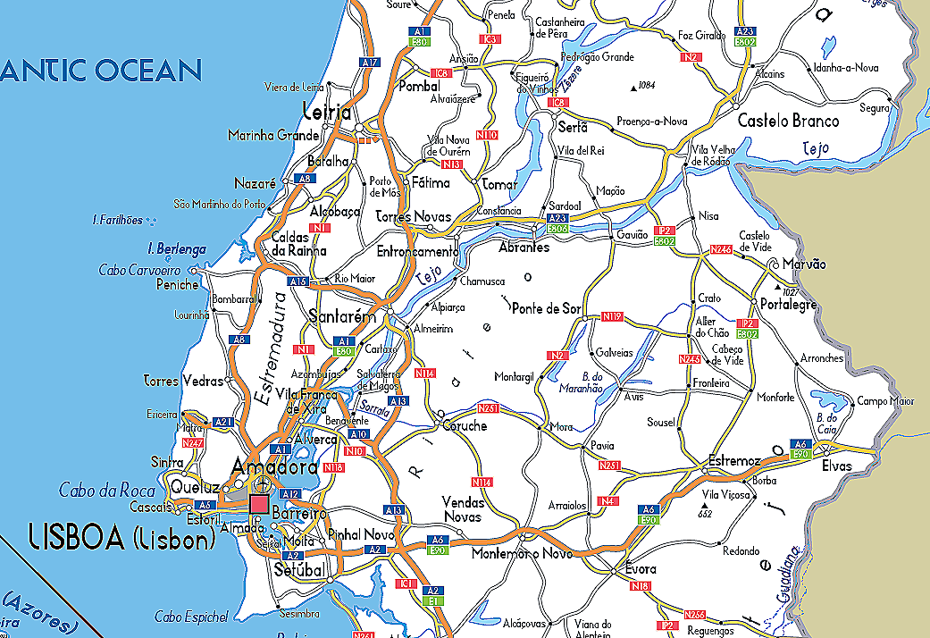 Map of Lisbon, Portugal, showing roads, highways, and surrounding areas.