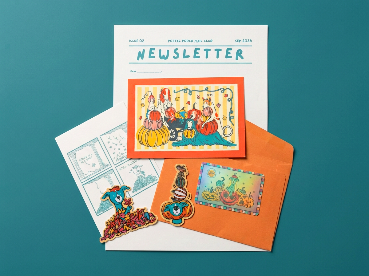 A Halloween-themed newsletter, stickers, and artwork on a teal background, featuring pumpkins, ghosts, and spooky decorations.
