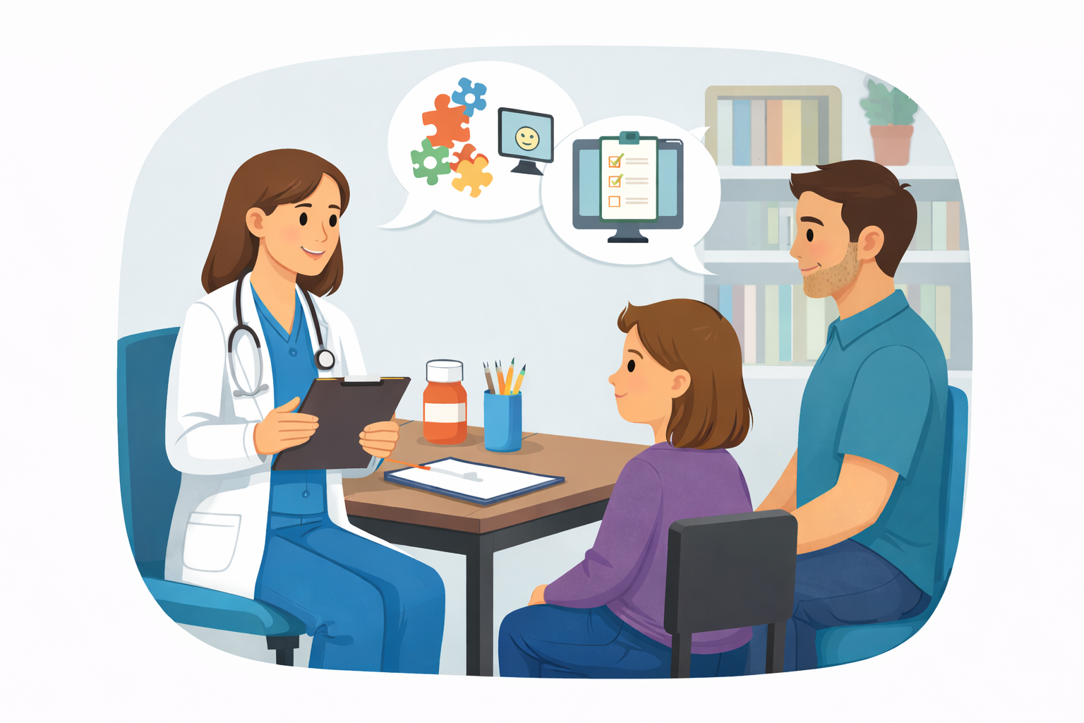 a psychiatrist consulting with young boy and mother in a psychiatry office, discussing mental health, autism and ADHD with speech bubbles showing puzzle pieces, a computer with a happy face, and a checklist.
