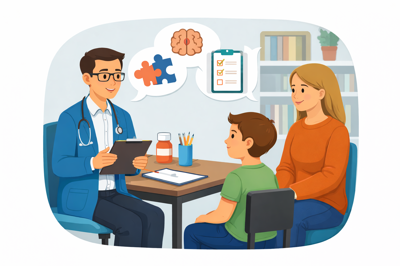 a psychiatrist consulting with young boy and mother in a psychiatry office, discussing mental health, autism and ADHD with symbols of brain, puzzle piece, checklist, and therapy.