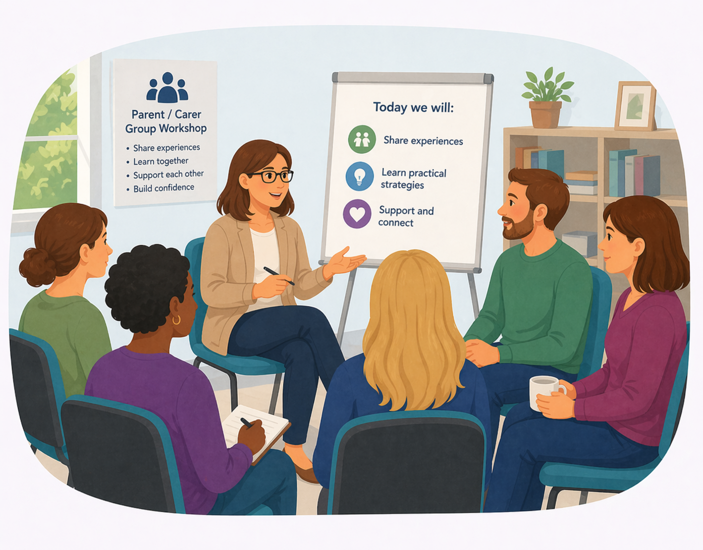 a psychiatrist consulting with young boy and mother in a psychiatry office, discussing mental health, autism and ADHD, and informational posters in a cozy room with bookshelves and a window.