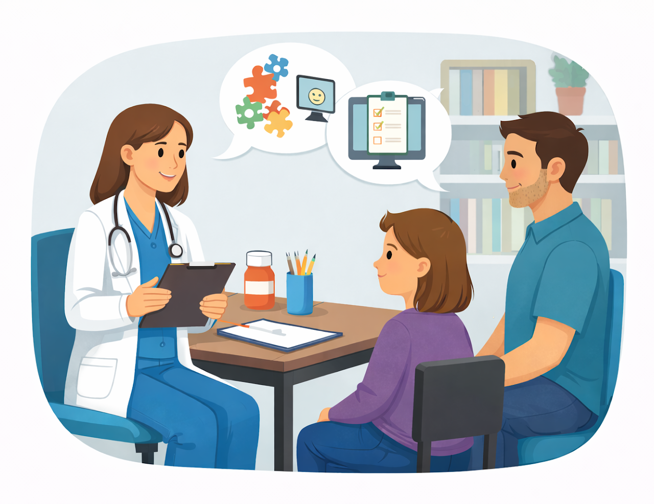 a psychiatrist consulting with young boy and mother in a psychiatry office, discussing mental health, autism and ADHD, with illustrations of a smiley face, puzzle pieces, and checklists in speech bubbles.