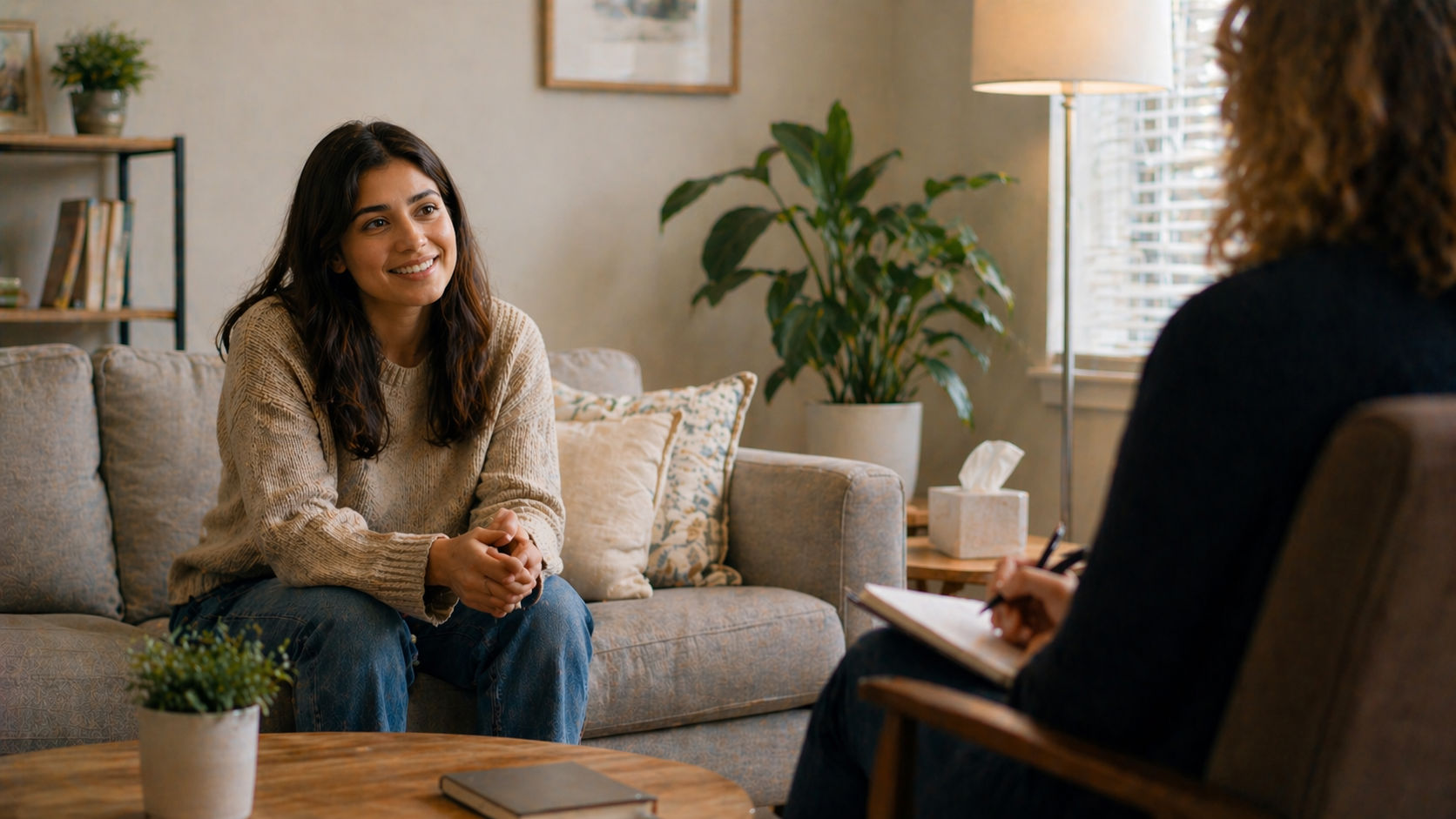 A young woman sitting on a beige couch, smiling and talking to another person who is taking notes during a psychiatry or therapy session in a cozy clinic room.