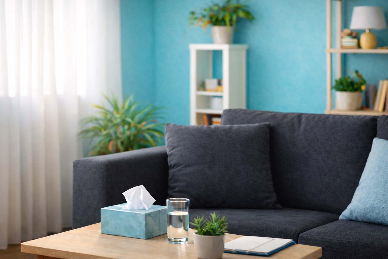 Living room with a blue wall, black couch with cushion, wooden table with tissue box, glass of water, small plant, a book, bookshelf, and green plants near a window with white curtains, representing a psychiatry clinic room in our adhd clinic.