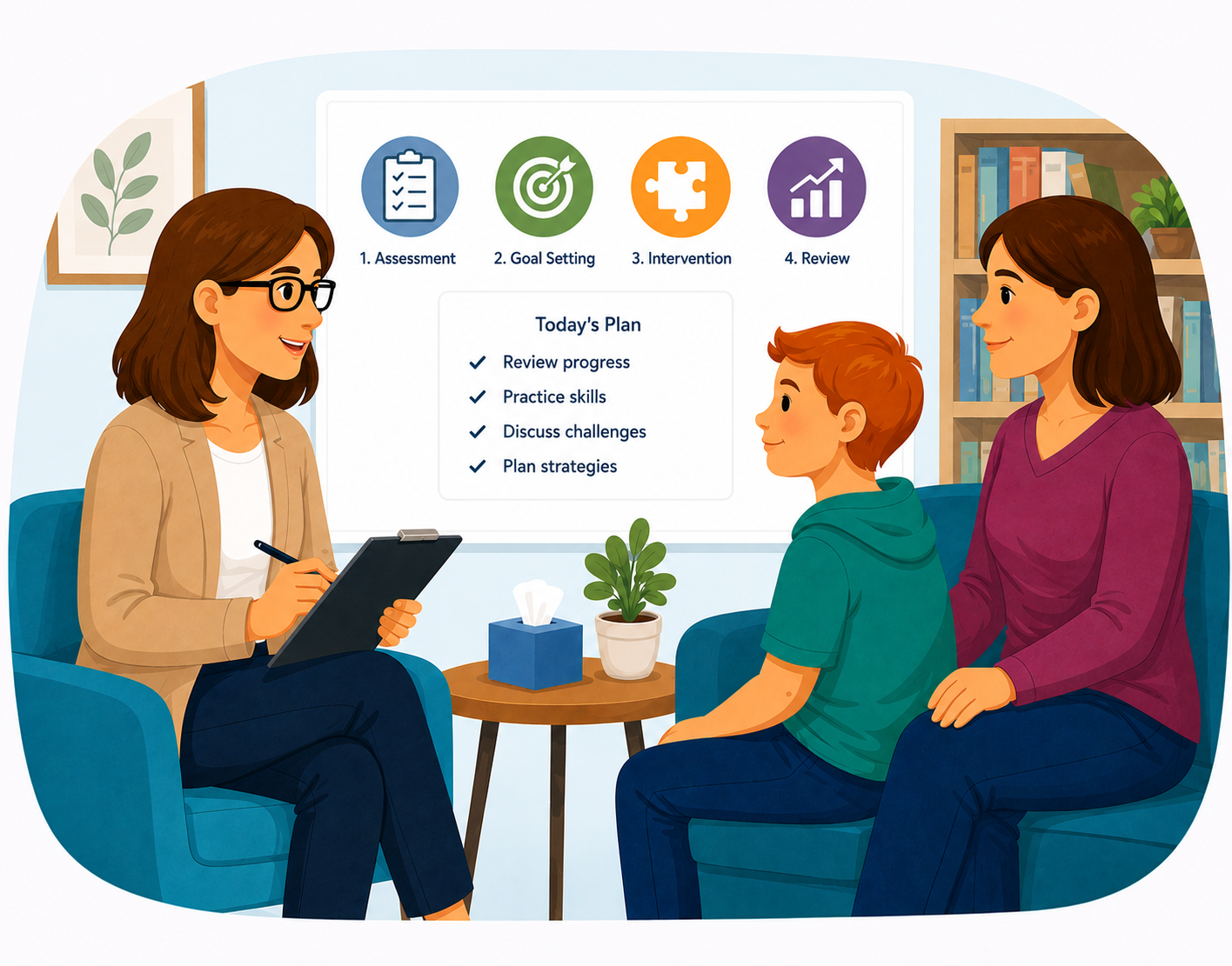 a psychiatrist consulting with young boy and mother in a psychiatry office, discussing mental health, autism and ADHD in a cozy office with bookshelves, a plant, and motivational icons on a whiteboard discussing progress and strategies.
