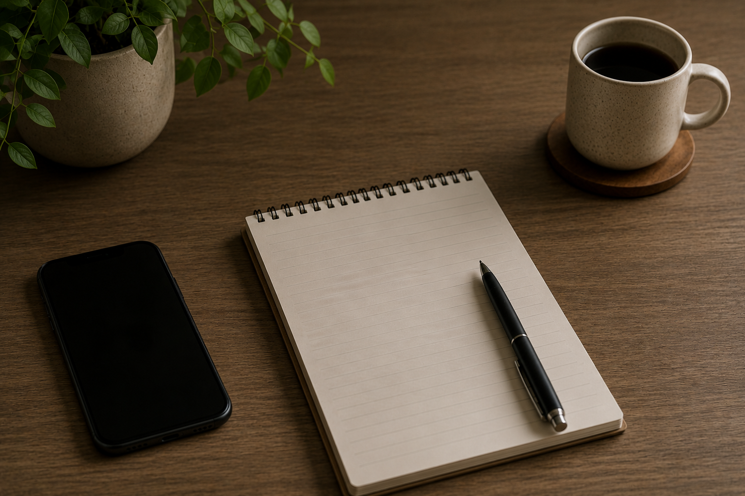 A wooden desk with a potted green plant, a smartphone, a blank notepad with lined paper, a black pen, and a cup of black coffee on a wooden coaster, table representing someone getting ready to write down their ADHD psychiatry appointment details.