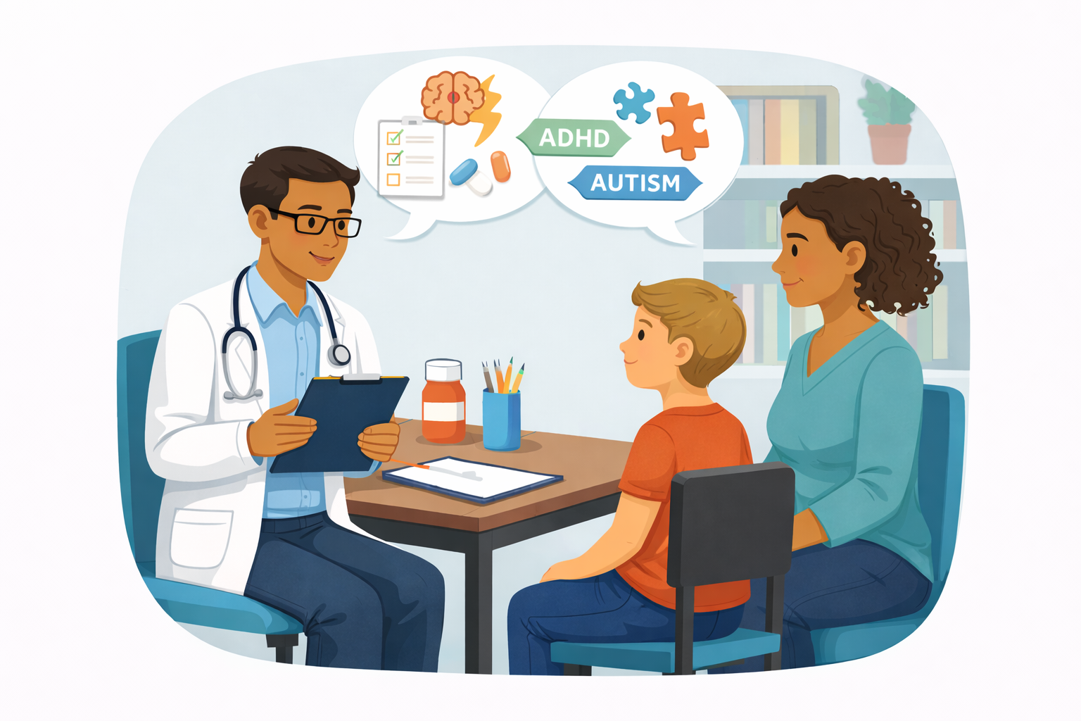 a psychiatrist consulting with young boy and mother in a psychiatry office, discussing mental health, autism and ADHD. Speech bubbles above them depict symbols related to ADHD and autism, including a brain, puzzle pieces, pills, and a clipboard.