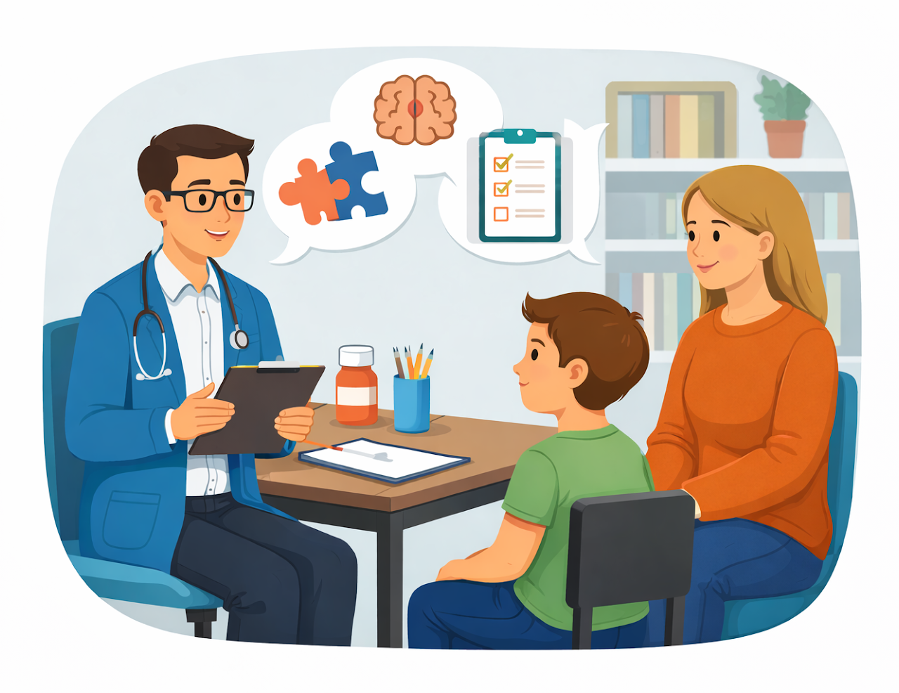 a psychiatrist consulting with young boy and mother in a psychiatry office, discussing mental health, autism and ADHD. The doctor has a stethoscope and a clipboard, and there are speech bubbles showing brain, puzzle pieces, and a checklist.