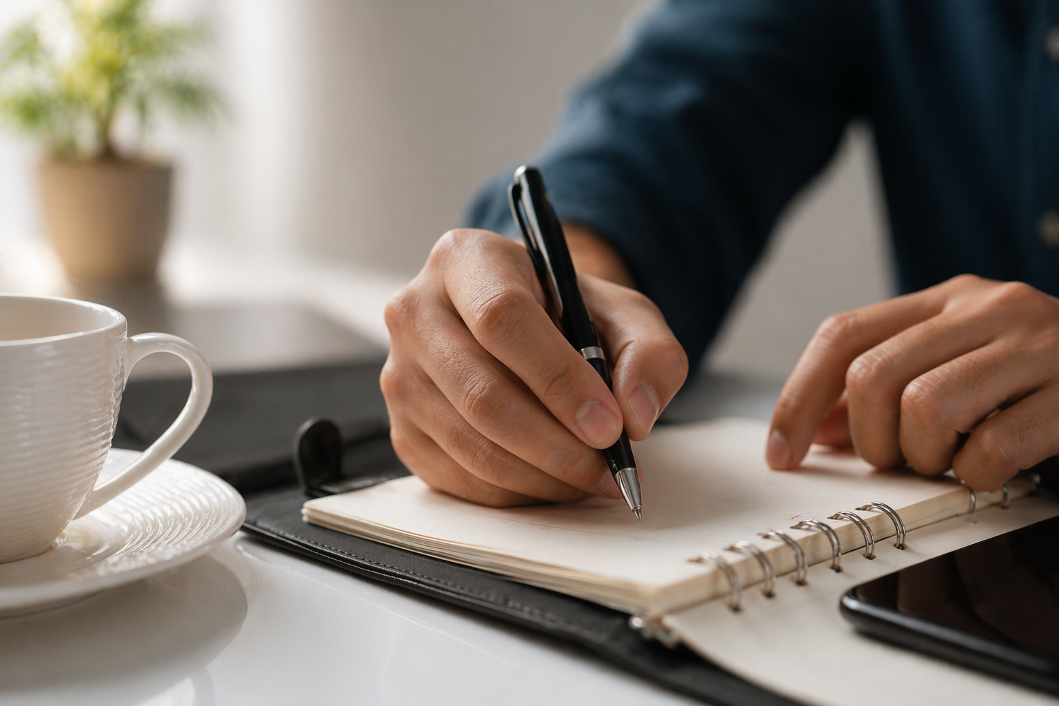 Person writing in a notebook with a pen, a coffee cup, and a smartphone on a table writing down their ADHD and psychiatry appointment details.
